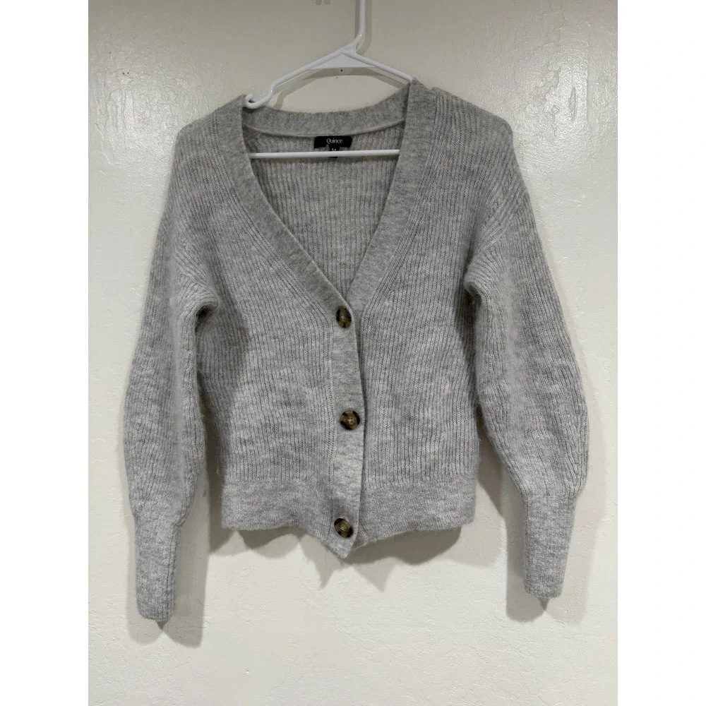 Quince Alpaca Wool Blend Ribbed Cardigan Sweater Light Gray Size Medium - Picture 2 of 6